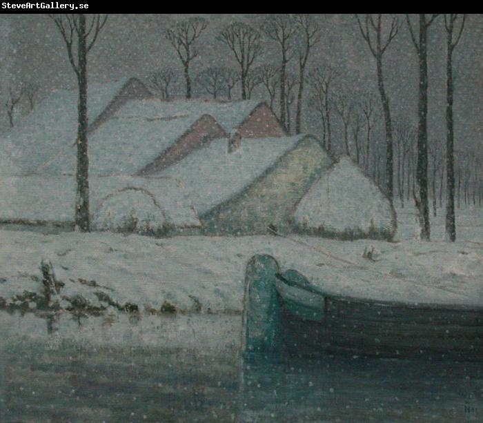 William Degouwe de Nuncques Snowy landscape with barge